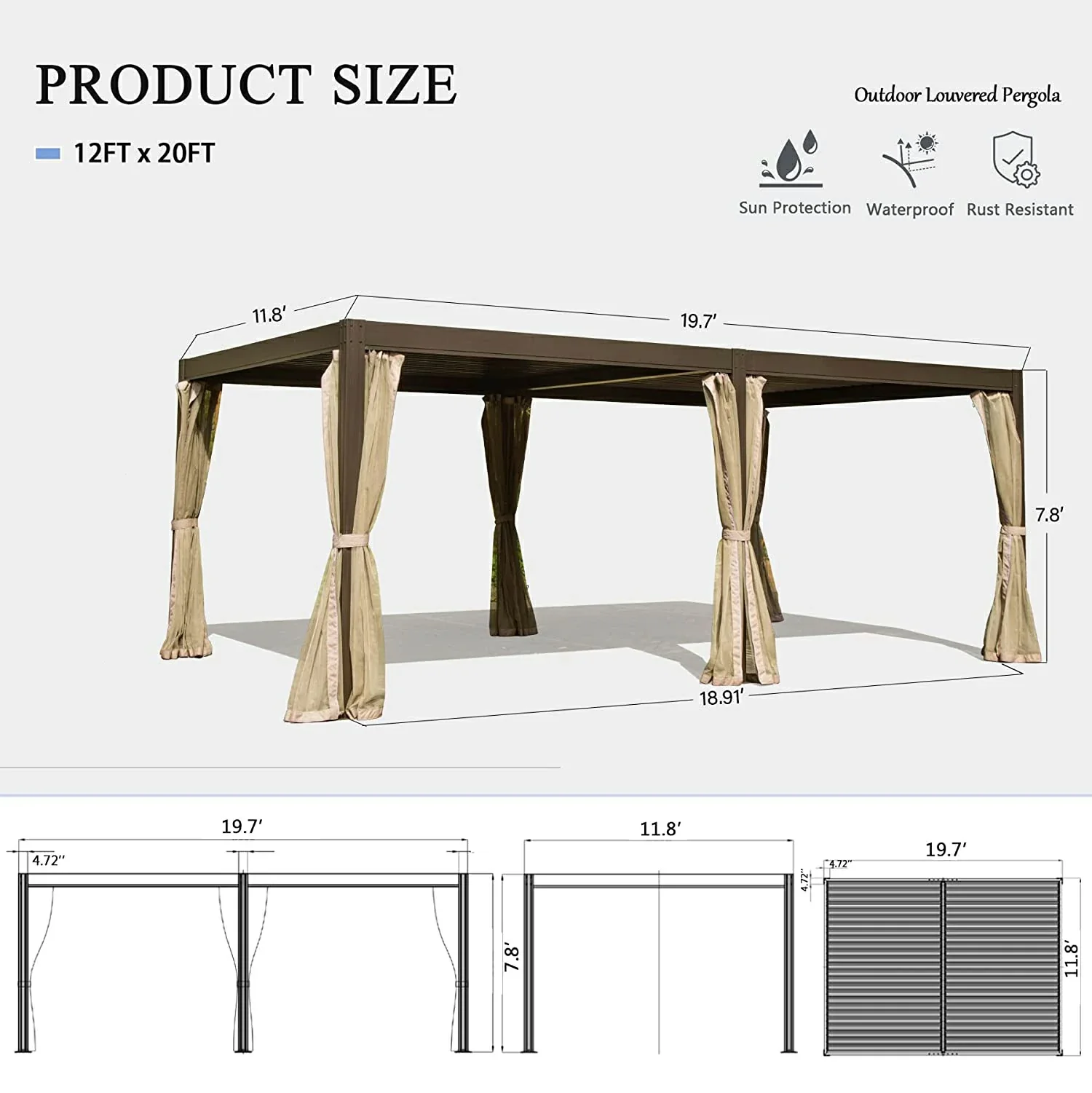 Louvered Pergola Brown with Galvanized Steel Roof - Image 20
