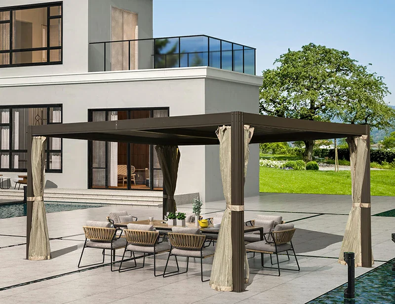 Louvered Pergola Brown with Galvanized Steel Roof - Image 8