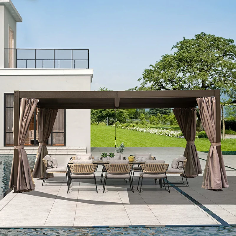Louvered Pergola Brown with Galvanized Steel Roof - Image 9