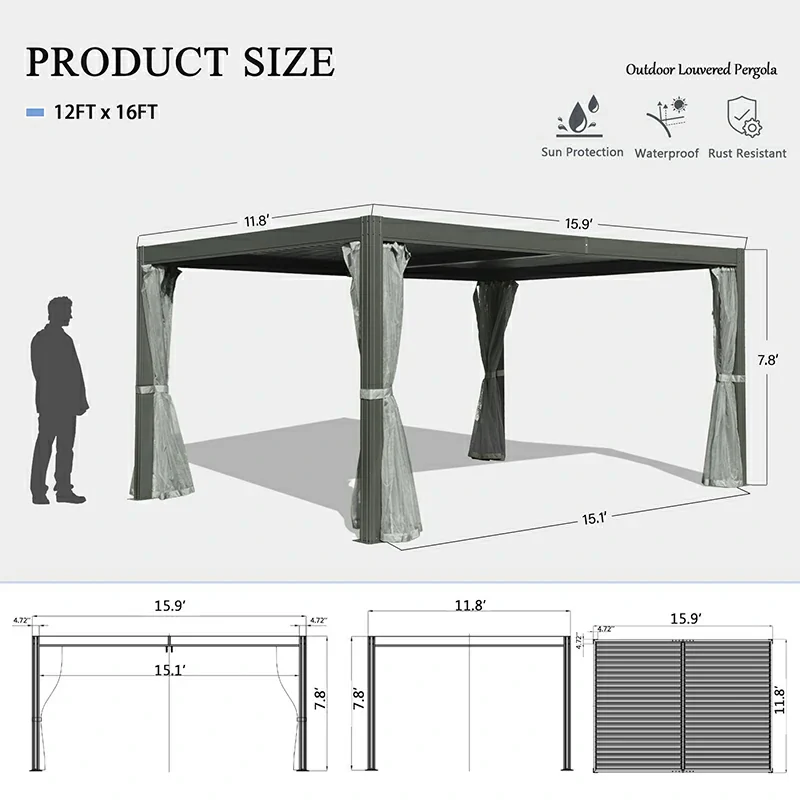 Louvered Pergola Gray with Galvanized Steel Roof - Image 13