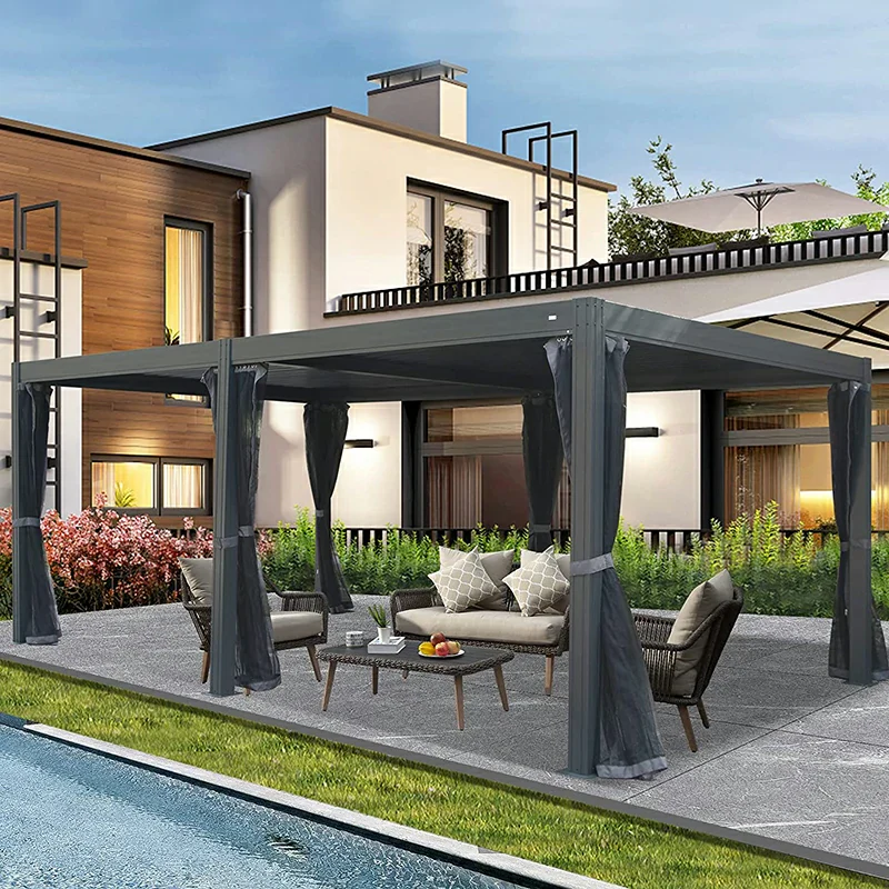 Louvered Pergola Gray with Galvanized Steel Roof - Image 14