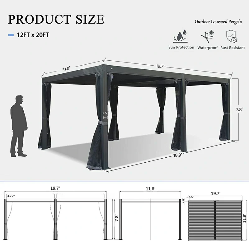 Louvered Pergola Gray with Galvanized Steel Roof - Image 19
