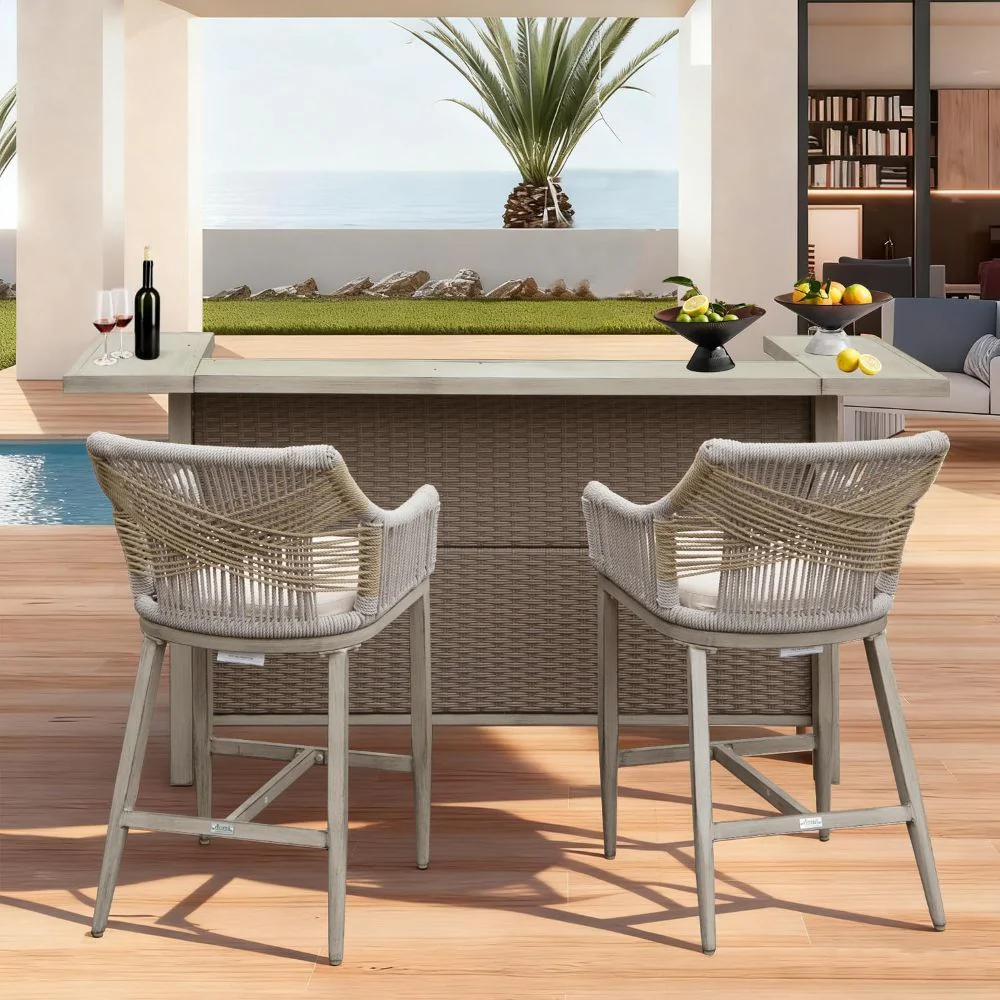 Modern Aluminum & Wicker Outdoor Bar Table - Gray - Image 7