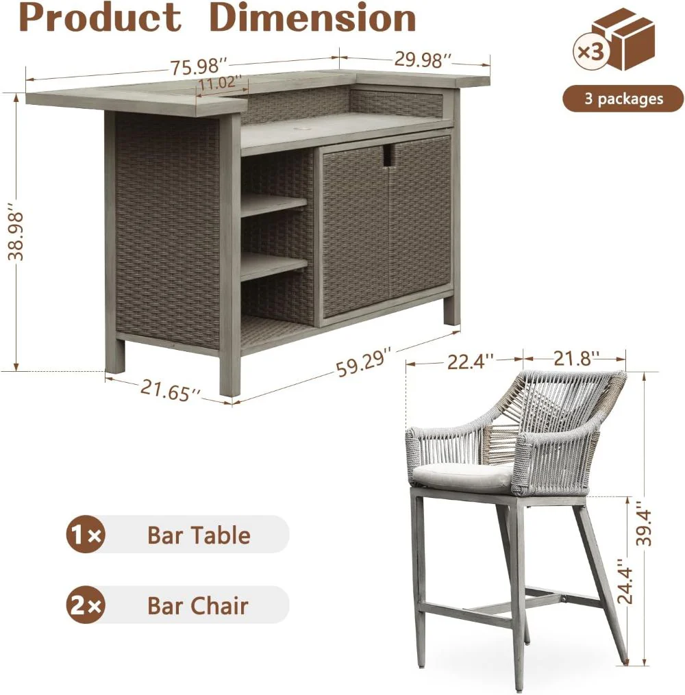 Modern Aluminum & Wicker Outdoor Bar Table - Gray - Image 8