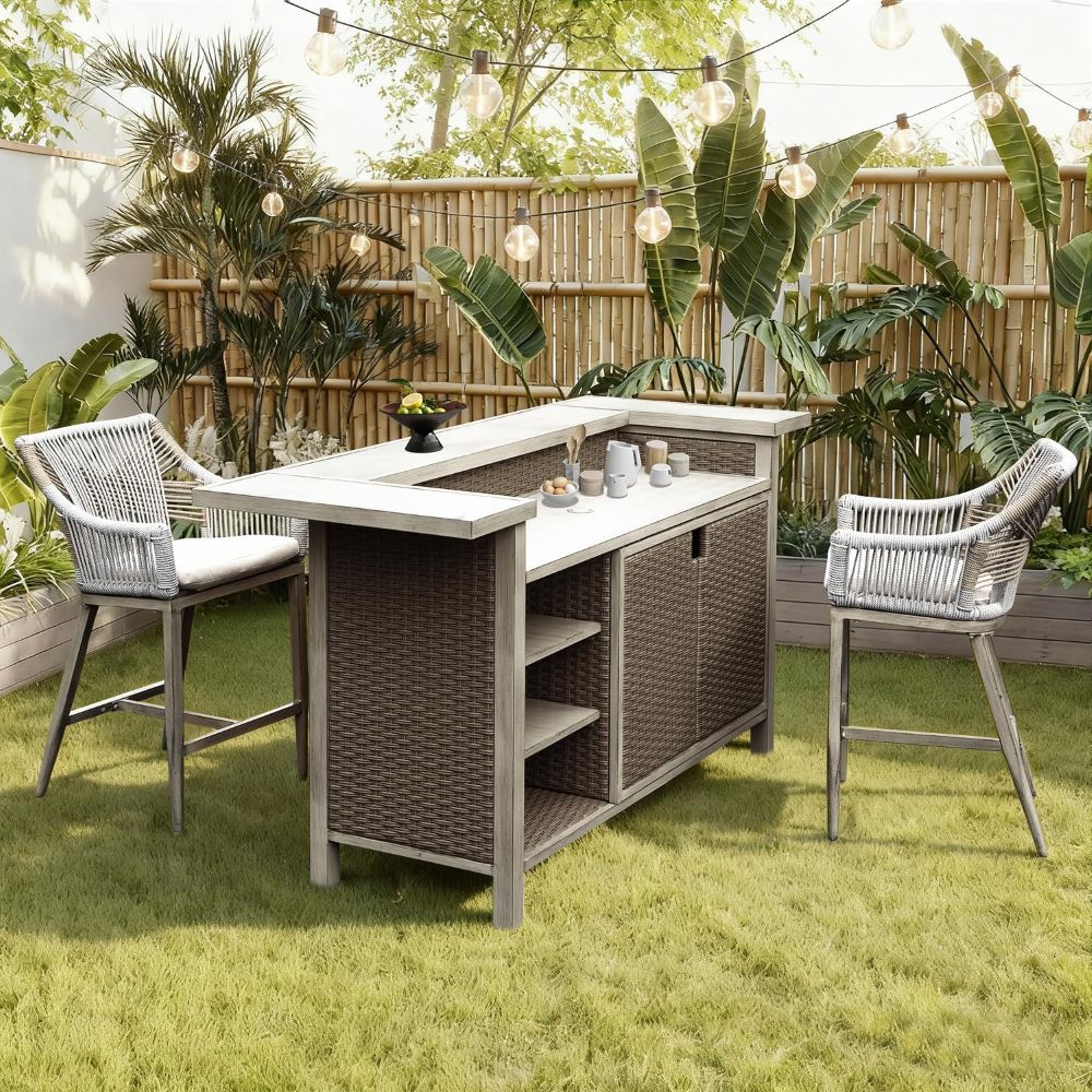 Modern Aluminum & Wicker Outdoor Bar Table - Gray - Image 9