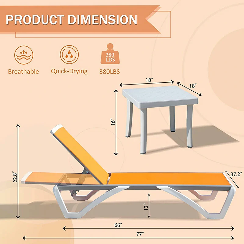Patio Chaise Lounge Sunbathing Chair Set of 3 (2 Chairs + 1 Table) - Image 23