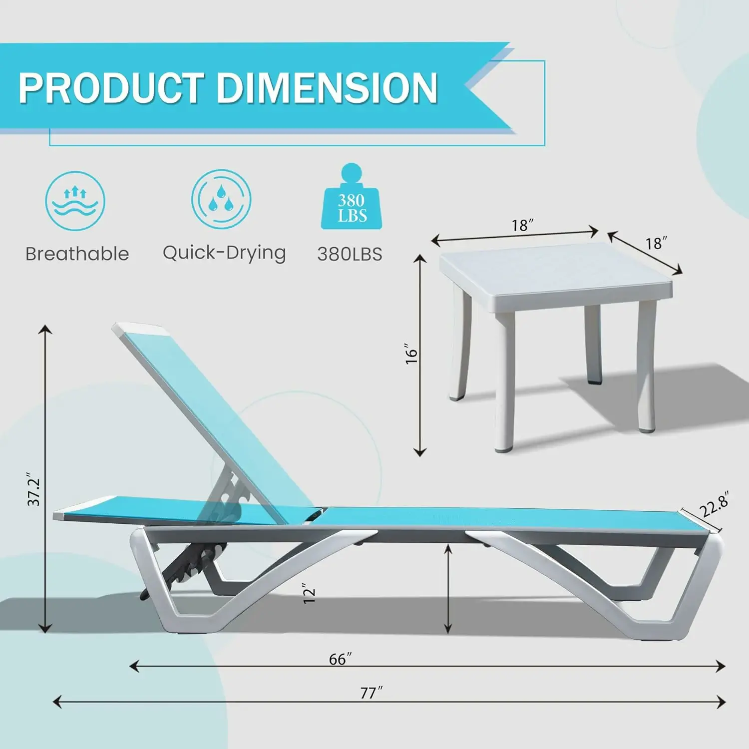 Patio Chaise Lounge Sunbathing Chair Set of 3 (2 Chairs + 1 Table) - Image 32