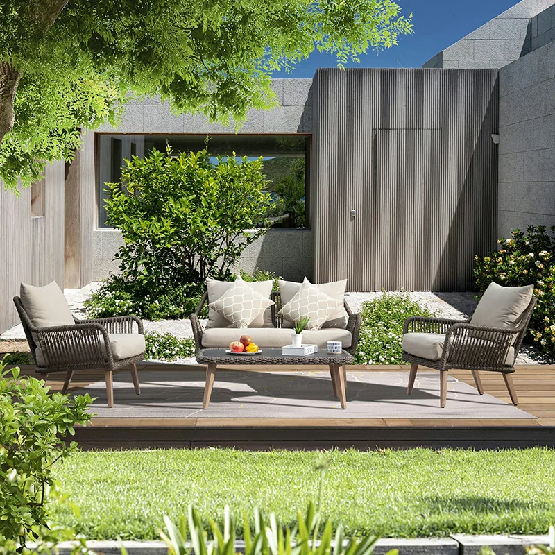 Rattan Sofa Set 4 Pieces - Khaki - Image 7