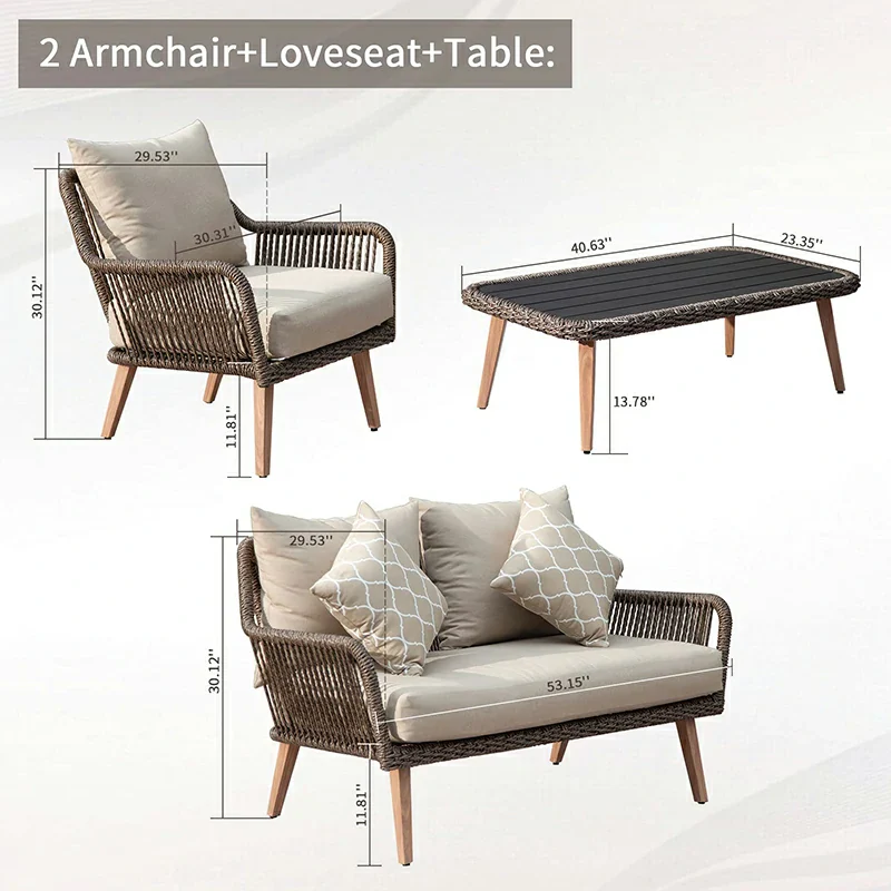 Rattan Sofa Set 4 Pieces - Khaki - Image 8