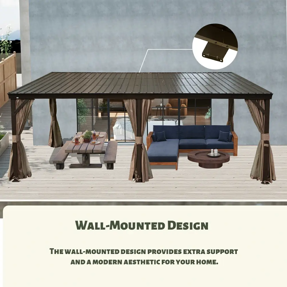 Wall-Mounted Hardtop Gazebo with Drainage Gutters - Image 37