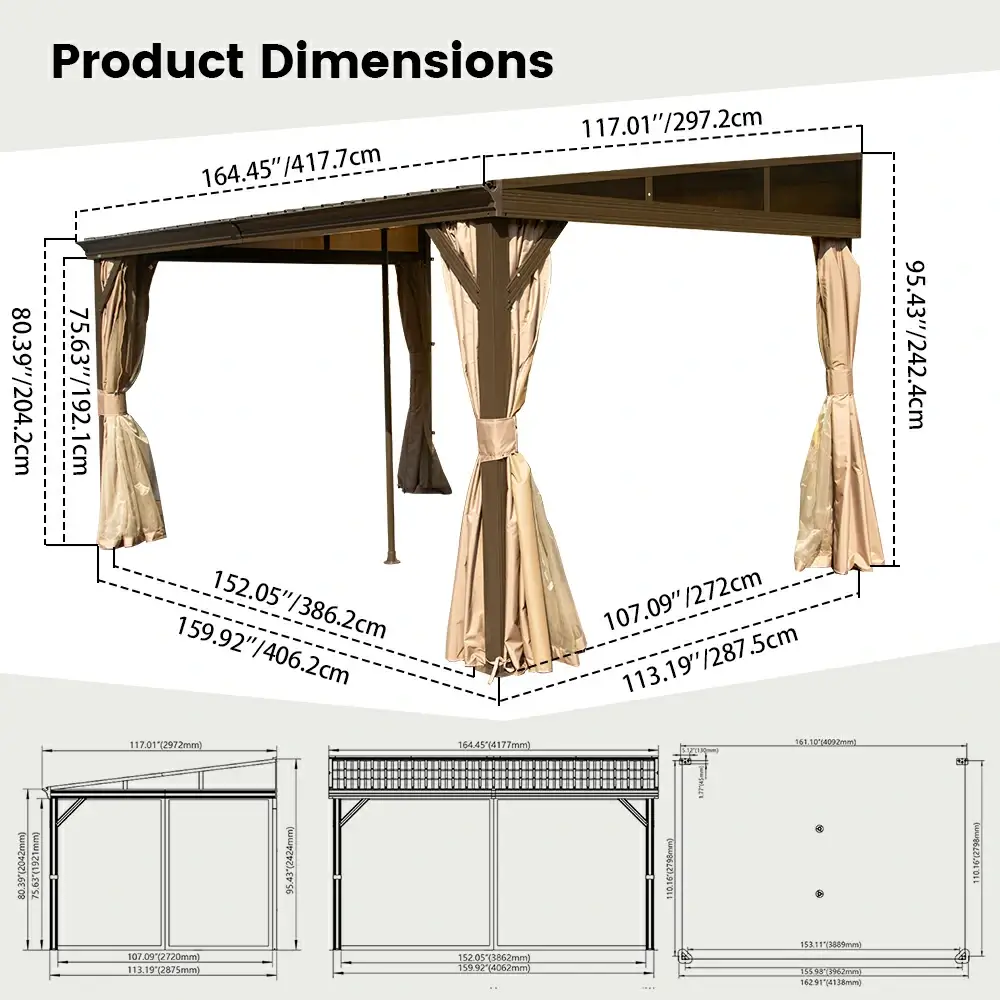 Wall-Mounted Hardtop Gazebo with Drainage Gutters - Image 44